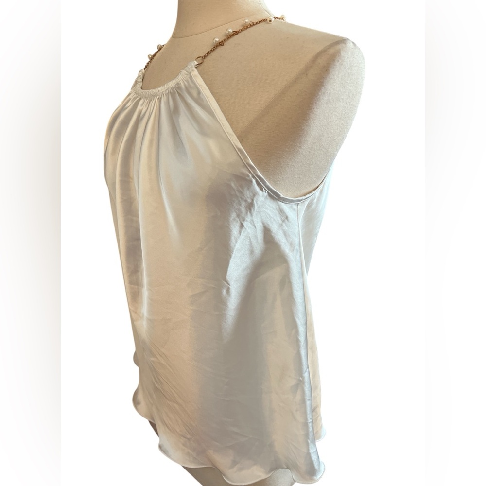 Nicole Miller white satin halter top, gold pearl-beaded necklace-style strap M - Picture 5 of 10